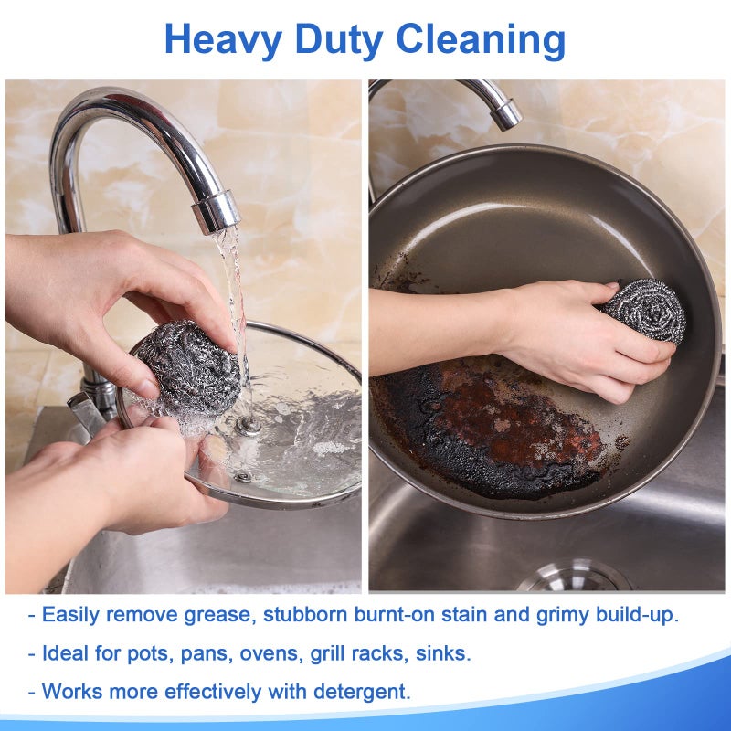 ovwo 12Pack Upgraded Steel Wool Scrubbers - Premium Stainless Steel Scrubber, Metal Scouring Pads, Steel Wool Pads, Kitchen Cleaner, Heavy Duty Cleaning Supplies - Especially for Tough Cleaning - Image 4